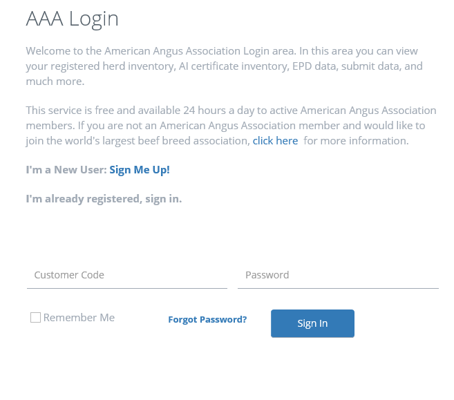 Login page for customers.